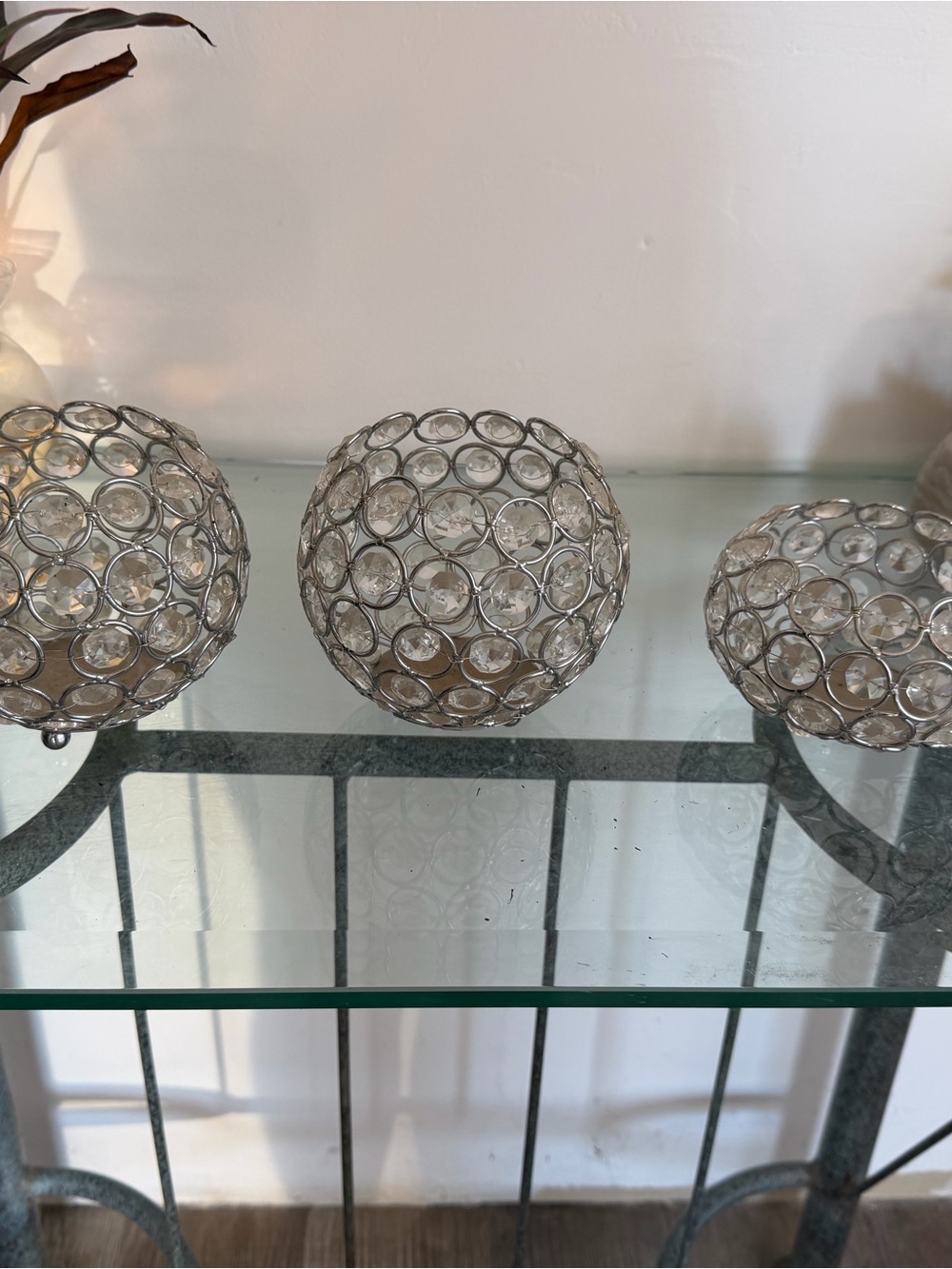 Source Unknown Clear Crystal Orb Candle Holder Trio with Silver Frames